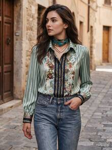 Women's Autumn Striped Print Long Sleeve Collared Elegant Casual Daily Office Commute Blouse Top - Green - View 2