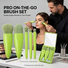 Makeup Brush Set, Mini Cute Professional Green Makeup Brush Set With Mirror And Travel Case, Foldable Makeup Brush Set With Mirror Travel Makeup Brush Set - Portable Travel Makeup Brush Set (5pcs) - Multicolor - View 11