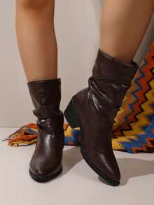 Vintage Distressed Wrinkled Mid-Calf Boots, Loose Chunky Heel Fashion Boots, Suitable For Autumn/Winter Concert And Street Wear - Brown - View 2