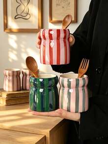 1pc Hand-Painted Dual-Color Striped Ceramic Storage Jar, Kitchen Utensil Organizer, Home Living Room Dining Table Tableware Storage Bucket, Chopsticks Spoon Fork Holder, Home Decor Ornament, Holiday Gift For Family And Friends - Multicolor - View 12