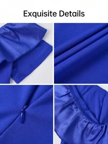 AIJ Women's Royal Blue Solid Color Cold Shoulder Ruffle Short Sleeve Fitted Midi Dress, Elegant Dress, Party Dress, Wedding Guest Dress, Formal Dress, Christmas Outfit - Royal Blue - View 6
