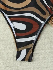 HOTTIE HABIT Abstract Wave Print One Shoulder Monokini, Metal O-Ring Strap High Cut Swimsuit, Women's Retro Colorblock Swimwear, Suitable For Beach, Pool, Vacation - Multicolor - View 7