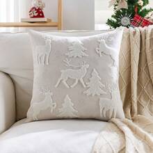 1pc Christmas Tree Embroidered Pillow Case, Christmas Reindeer Pillow Case, Suitable For Indoor Decoration, Christmas Decoration, All-Season Pillow Case, Without Insert - Beige - View 9