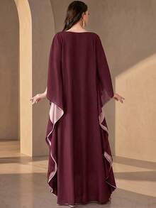 Gaun Panjang Wanita Elegan, Dihiasi Mutiara, Leher Bulat, Lengan Setengah Kelelawar, Gaun Panjang dari Kain Tenun, Cocok untuk Acara Formal - Burgundy - View 3