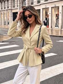 Elegant Women's Cream-Colored Blazer, Woven Fabric, Tie Waist, Ruffle Hem, Exuding Sophisticated Autumn Charm - Apricot - View 3