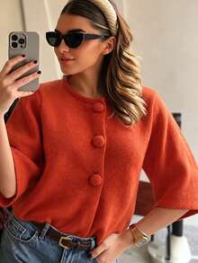 Vintage Plus Size Women's Cardigan, Fleece Knit Round Neck Short Sleeve Front Button Warm Autumn Top - Burnt Orange - View 1