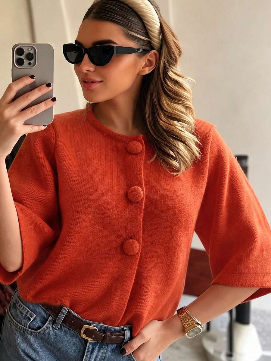 Vintage Plus Size Women's Cardigan, Fleece Knit Round Neck Short Sleeve Front Button Warm Autumn Top - Burnt Orange - View 1
