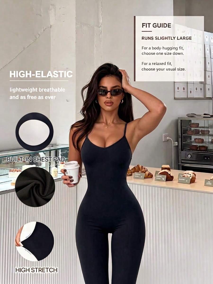 Spring/Summer New Women's Sexy Hot Girl Style Spaghetti Strap Fitted Fashion Solid Color Long Jumpsuit Black - Black - View 1