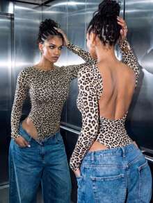 Women's Casual Leopard Print Backless Slim Fit Long Sleeve Bodysuit For Daily Fall&Winter,Fall Winter Clothes,Winter Fall Outfit,Going Out Top,Cute - Brown - View 2