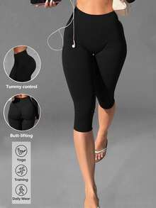 1pc Women's Seamless Elastic High Waist Tummy Control Butt Lifting Shaping Casual Sports Capris - Black - View 3