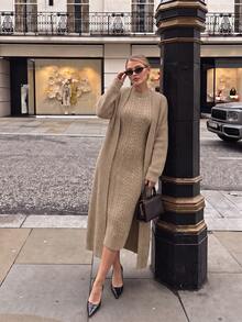 NOVELLE Women's Elegant Cable Pattern Knit Sweater Set, Autumn Winter Loose Long Cardigan With Midi Dress, For Daily Going Out, Commute And Dating - Khaki - View 2