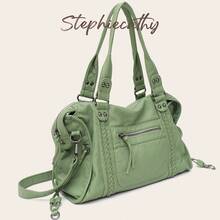 STEPHIECATHY Fashion Casual Cool Street Style Soft Brushed Washed PU Faux Leather Zipper Pocket Braided Large Capacity Fits 13 Inch Laptop Slouchy Silhouette Bag - Mist Green - View 3