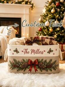Personalized Christmas Storage Basket, Customized Embroidered Name Holiday Basket, Holiday Books And Toys Organizer, Cozy Christmas Home Decor, Customized Gift For Family, Fireplace And Living Room Decoration - Multicolor - View 4