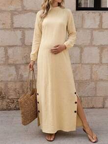 Apricot Maternity Maxi Dress - Non-Stretch Long Sleeve With Small Stand Collar And Side Button Design, Suitable For Baby Baptism, Photoshoot And Daily Wear - Apricot - View 5