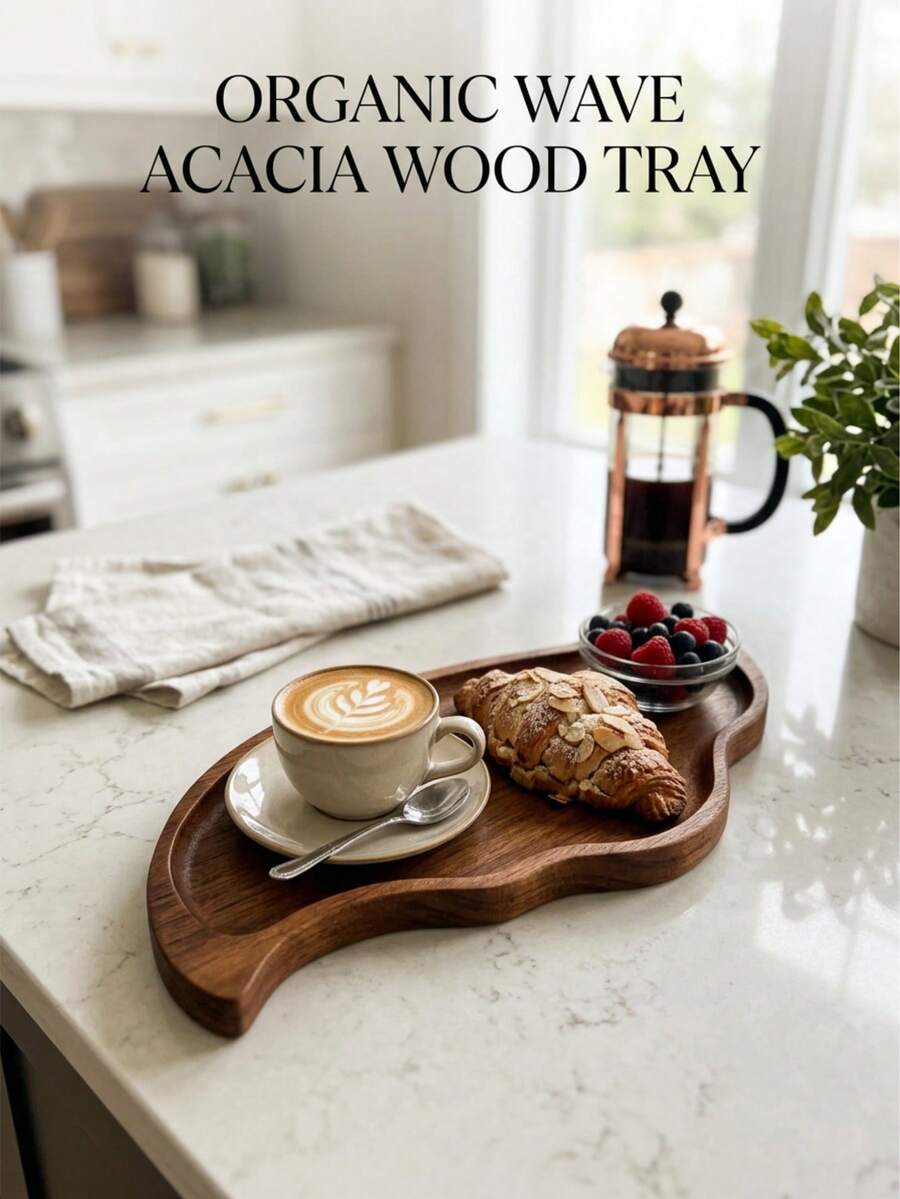 1pc Premium Rose Wood Serving Tray, Solid Wood Polished Easy Clean, Multi-Use Coffee Dessert Cheese Food Plate, Kitchen Accessory For Home Party Terrace Picnic, Table Decor For Living Room Bedroom, Halloween Christmas All Season Use - View 1