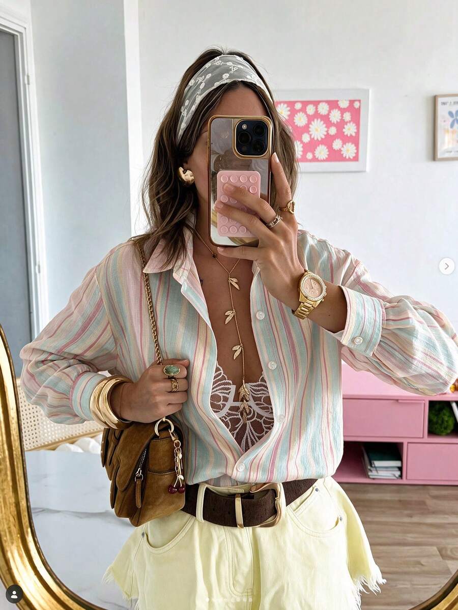 Colorful Striped Loose Fit Shirt, Fashion Casual Street Date Afternoon Tea Commute Long Sleeve Women's Blouse, Dopamine Style Autumn/Winter - Multicolor - View 1