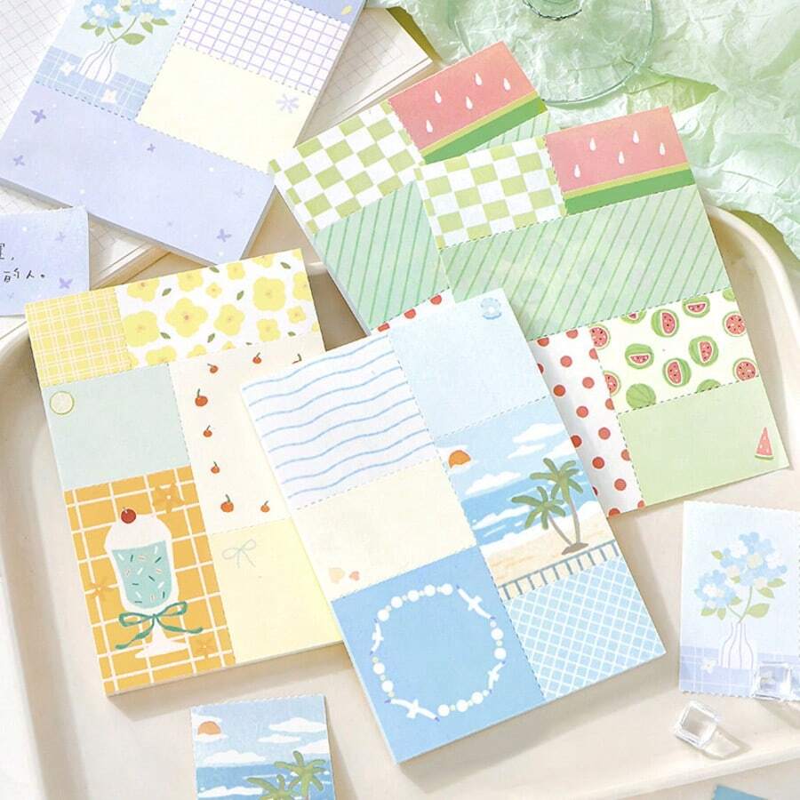 Patchwork Sticky Notes Series Summer Theme Planner Decorative Paper Non-Adhesive Material For Notebooks, Diaries, Planners, Back To School Season, School Opening Season - one-size - View 1