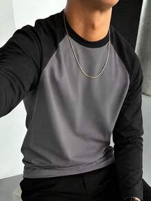 Men's Patchwork Raglan Sleeve Crew Neck Long Sleeve T-Shirt, Autumn/Winter New Base Layer, Sports Fitness Casual Contrast Color Top - Dark Grey - View 5