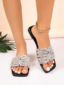 Women's Handmade Rhinestone Embellished Full Crystal Focal Element Greek Key Geometric Pattern Square Toe Single Strap Flat Slide Sandals, Luxury Style For Party And Date, Summer Silver PU Faux Leather Slippers - Silver - View 5