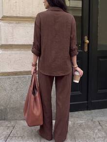 Spring/Autumn Solid Color Long Sleeve Petal Sleeve Shirt Set, Fashionable Minimalist Comfortable Skin-Friendly Essential For Home, Travel And Shopping - Brown - View 2