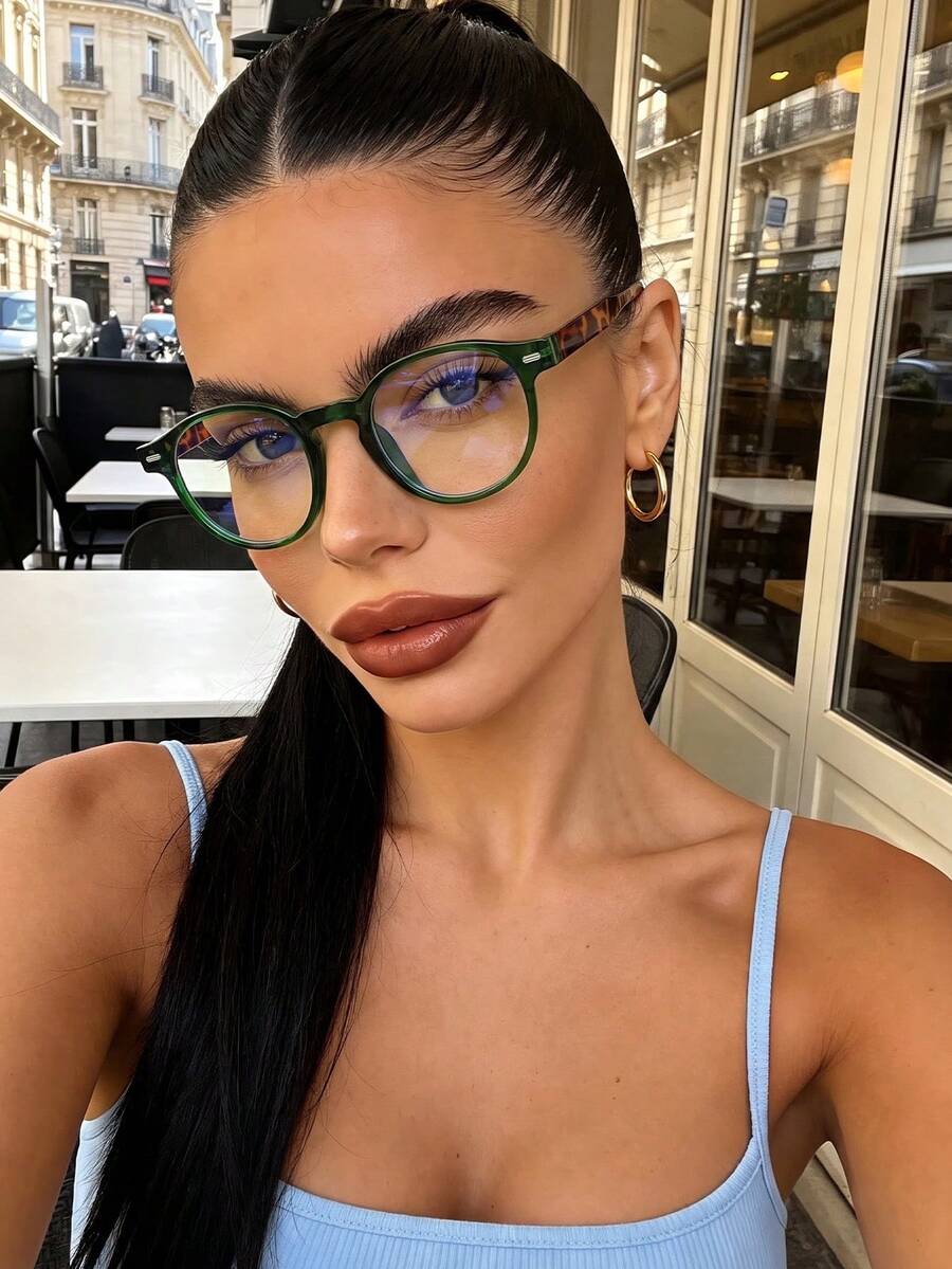 1 Pair Women's Round Color-Block Bohemian Style Fashion Clear Lens Glasses, Suitable For All Face Shapes, Daily Office, Street Snapshot Decoration, Transparent Eyewear Accessory - Green Flat - View 1