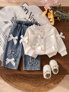 Baby Girl Soft & Fashionable 2-Piece Set, Cream Apricot Vertical Stripe Single-Breasted Knit Cardigan Jacket + Cherry Patchwork 3D Bow Denim Straight Leg Pants, Sweet Spring/Autumn Outfit - Apricot - View 3
