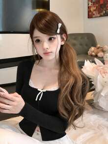 2026 Pure Desire Style Bow-Knit Top, Square Neck Zipper Fitted Black Ribbed Sweater, Sexy Lady Knitwear, Suitable For Autumn/Winter Daily, Date, Commute, Christmas, New Year, Outing, Commute, Date Sweater Top - Black - View 2
