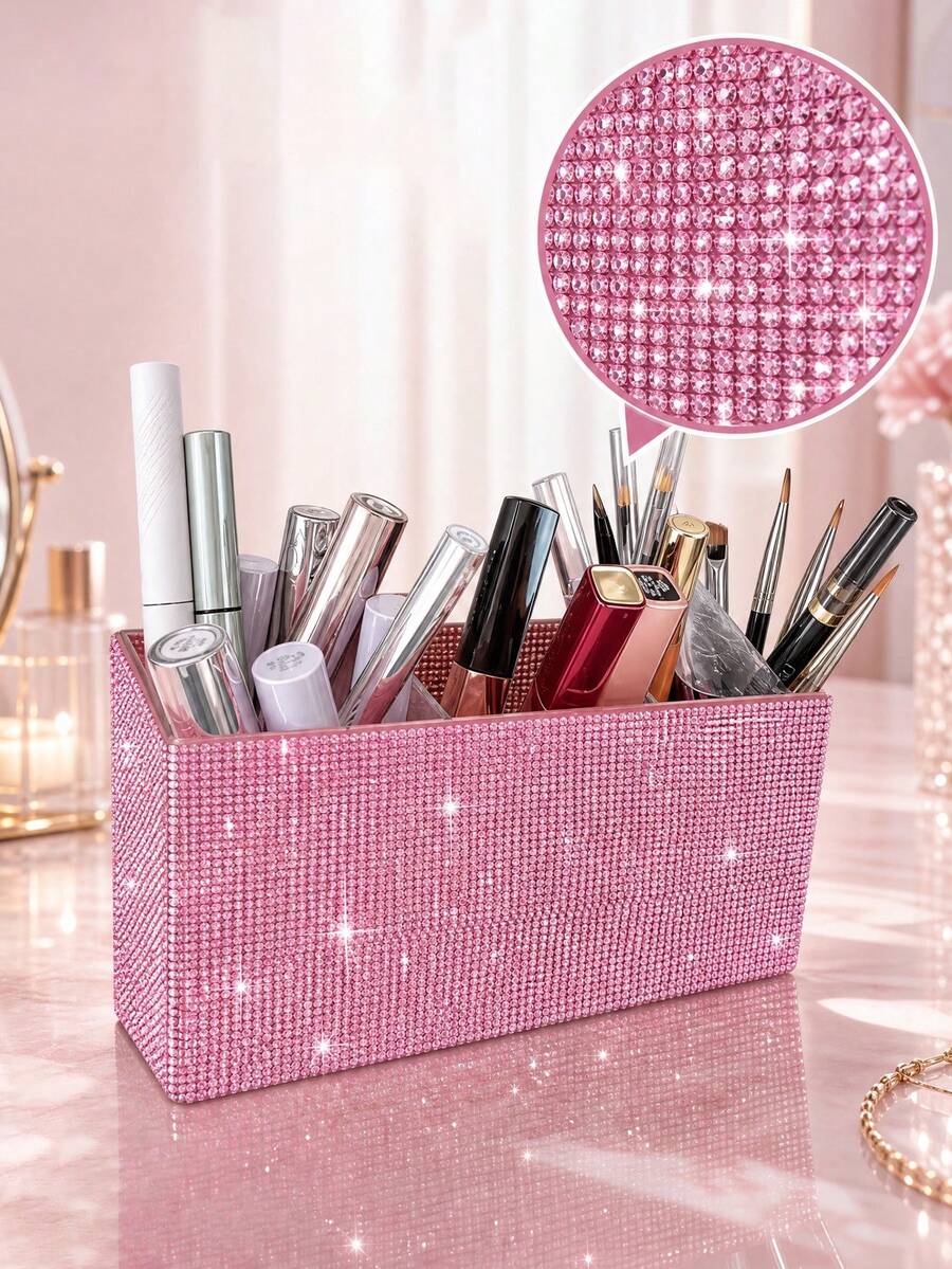 1pc Rhinestone Embellished 3-Compartment Storage Box, Large Capacity, Multi-Color Rhinestone Inlaid, Luxurious Sparkling Style, Full Pave Pattern, Neat Edges, Makeup Tool Container, Suitable For Bedroom Vanity, Dressing Room Desk - Multicolor - View 1