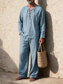 GOLDREDY Summer Men's Vintage Cross Strap V-Neck Top & Drawstring Wide Leg Pants Beach Vacation Casual Set - Blue - View 1