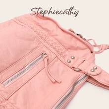 STEPHIECATHY Women's Casual Street Style Soft Washed PU Faux Leather Zipper Closure Zipper Pocket Braided Decor Large Capacity Fits 13 Inch Laptop Slouchy Tote Bag - Pink - View 3