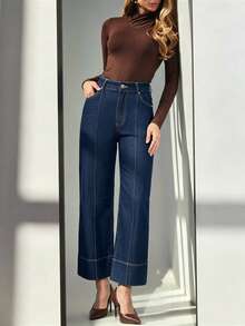 Women's Casual Dark Wash Cropped Flare Jeans With Button And Zipper Details - Tannin Original Color - View 6