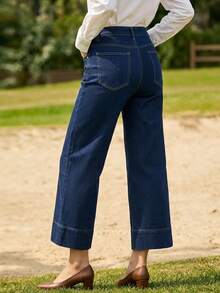Women's Casual Dark Wash Cropped Flare Jeans With Button And Zipper Details - Tannin Original Color - View 2