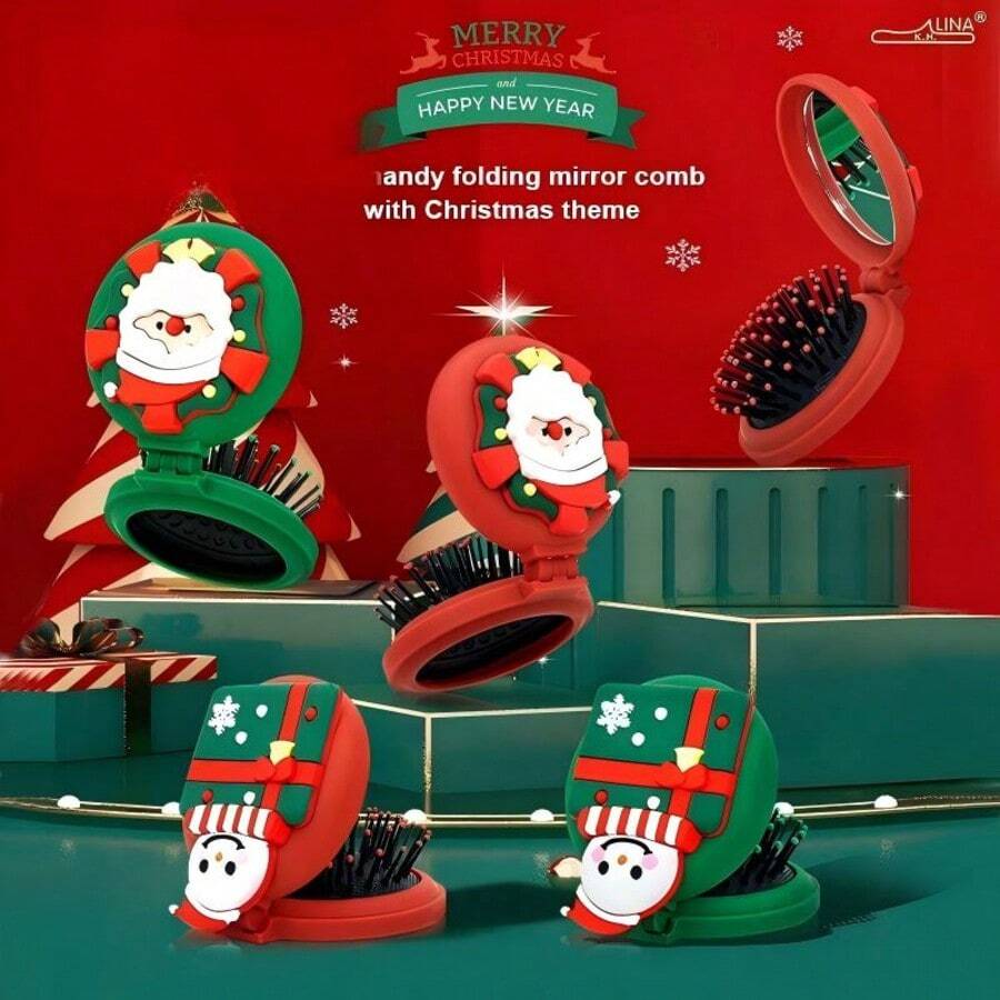 1pc Snowman Foldable Air Cushion Hairbrush With Mirror, Portable 2-In-1 Travel Massage Comb, Cute Christmas Gift For Girls - Multicolor - View 1