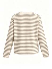 Women's Striped Round Neck Long Sleeve Plus Size Knit T-Shirt, Regular Length Medium Stretch, Comfortable Autumn Basic Top - Khaki - View 9