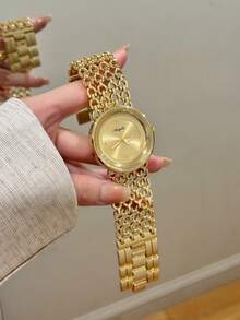 1件金色大圓盤鏤空錶盤寬錶帶極簡風水鑽刻度優雅女款石英手錶，適合日常配戴與聚會 - 金色 - 查看 1