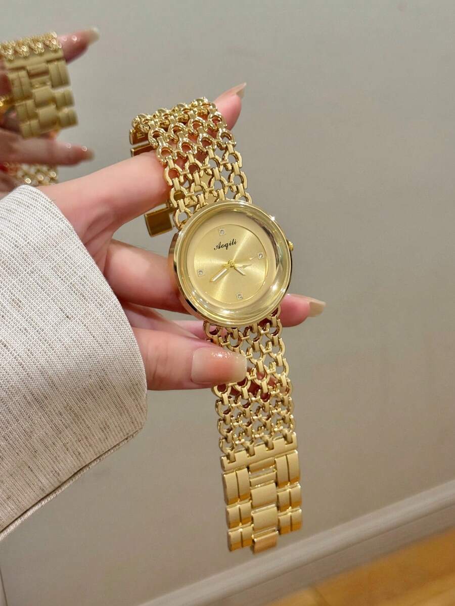 1件金色大圓盤鏤空錶盤寬錶帶極簡風水鑽刻度優雅女款石英手錶,適合日常配戴與聚會 - 金色 - 查看 1