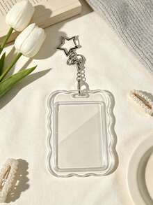 Transparent Wave-Edge Card Holder With Pearl Chain Star Clasp, Y2k Style Transparent Hard-Shell Protective Case,Suitable Hold Id Cards, Bank Cards - Multicolor - View 2