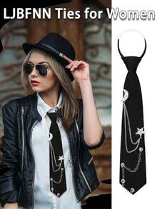 1pc Women's & Men's Tie, Punk Metal Chain Pre-Tied Adjustable Black Tie, Suitable For Uniform, School, Shirt Accessory - Multicolor - View 12