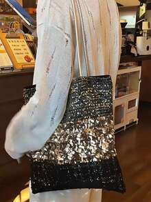 Niche Design Premium Sequin Shoulder Canvas Tote Bag, 2026 Autumn New Large Capacity Commuter Handbag For Women, Chic, Stylish, Vintage, Travel, Purse - Black - View 2