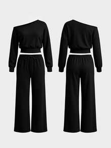 Women's Autumn Set, Solid Color Asymmetrical Shoulder Long Sleeve Top Paired With Low Waist Drawstring Pants Two Pieces Outfit, Y2K Street Style Hot Girl Look - Black - View 4