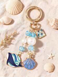Gantungan Kunci Bertema Laut yang Lucu, Liontin Cangkang Paus Enamel dengan Manik-Manik Kristal Biru dan Mutiara, Gantungan Kunci untuk Tas Pantai Musim Panas - MultiWarna - View 8