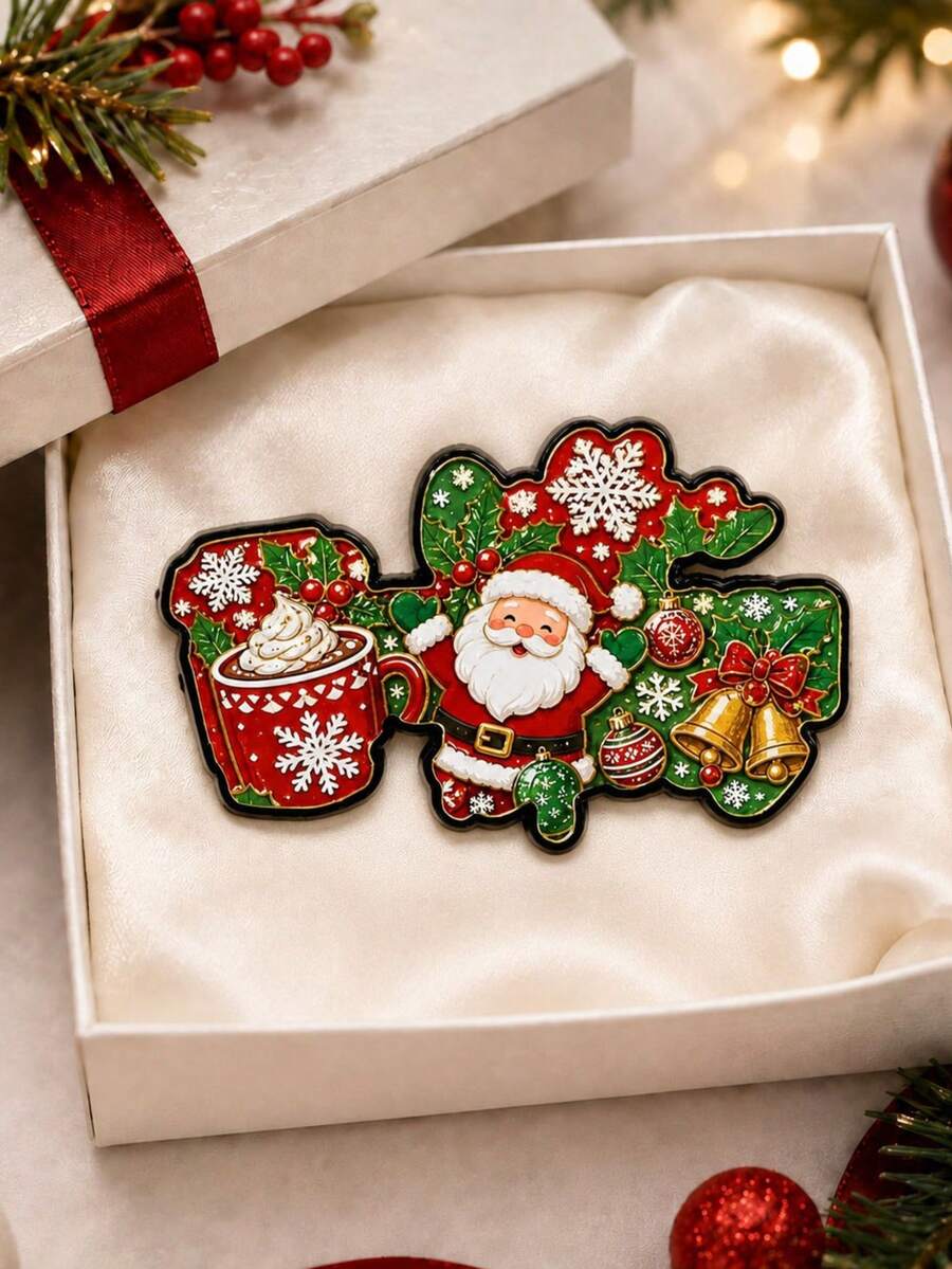 Christmas Hot Drink Cup Santa Claus Shaped Brooch Bell Holly Snowflake Pattern Clothing Backpack Holiday Atmosphere Decorative Accessory - A - View 1