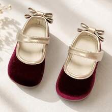 Girls' Mary Jane Shoes With Gold Trim, Bow And Hook & Loop Closure, Suitable For Autumn/Winter Holiday Party Outfits - Red - View 4