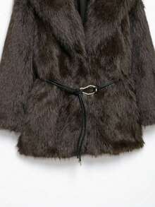 DEEKA Autumn/Winter New Faux Fur Thick Warm Mid-Length Coat With Belt - Chocolate Brown - View 11
