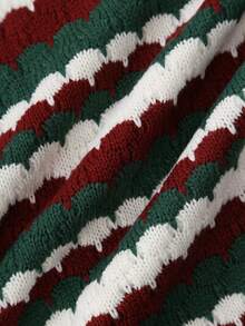 Plus Size Women's Christmas Colorblock Wavy Striped Crew Neck Sweater, Loose Fit Dropped Shoulder Long Sleeve Thick Knit Pullover Top - Red - View 9