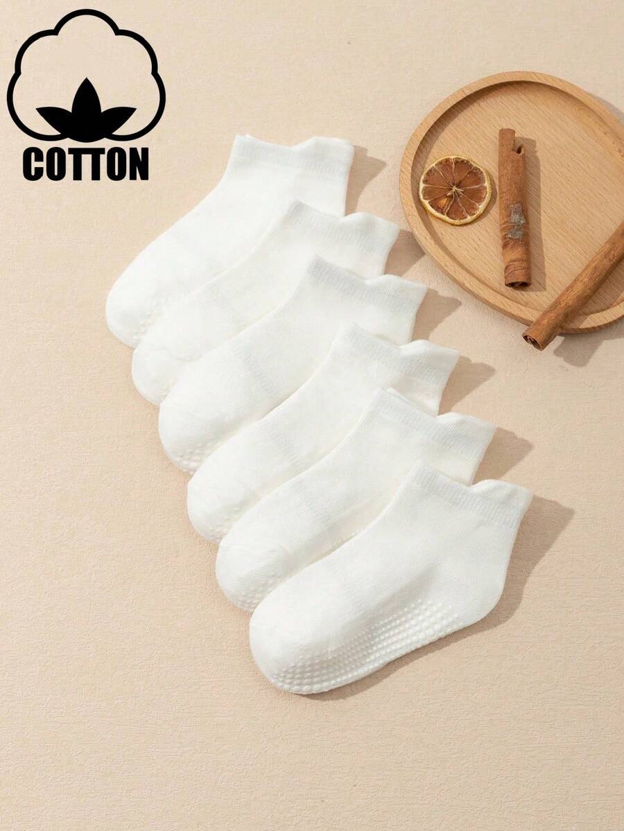 6pcs/Set Kids Anti-Slip Back Pull Tab Short Socks, Toddlers' Solid Color Dot Grip Full Cotton Floor Socks - White - View 1