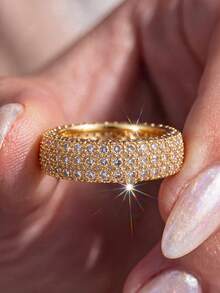 1pc Thick Full-Circle 18K Gold-Tone Ring, Luxury Heavy-Duty 5-Row Zirconia Stone Inlaid Ring, Personalized Hip-Hop Style Unisex Stackable Decorative Ring - Gold - View 2