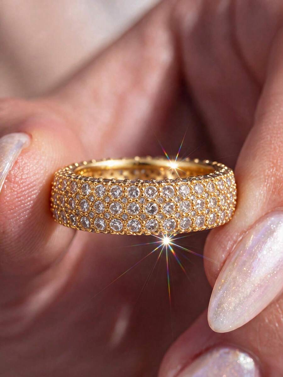 1pc Thick Full-Circle 18K Gold-Tone Ring, Luxury Heavy-Duty 5-Row Zirconia Stone Inlaid Ring, Personalized Hip-Hop Style Unisex Stackable Decorative Ring