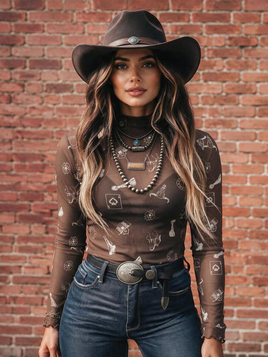 Acelitt Spring/Autumn Western Print Sheer Mesh Long Sleeve Stand Collar Slim Fit Casual Top, Layering Shirt, Suitable For Daily Wear - Brown - View 1
