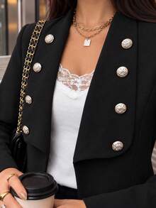 Women's Spring Autumn Winter Blazer, Elegant Vintage Black Metal Button Slim Fit Flattering Lapel Commute Versatile Small Suit Jacket - Black - View 6